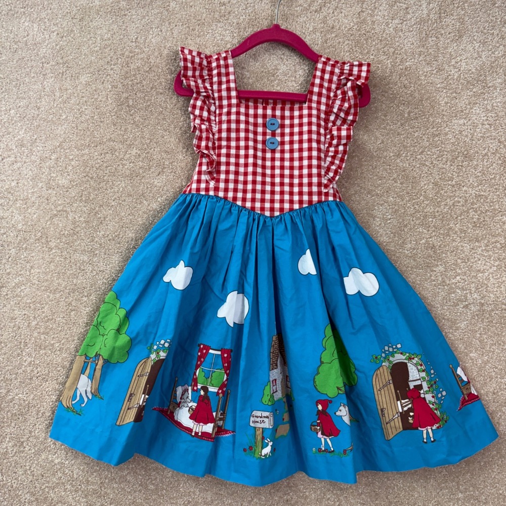 ELEANOR ROSE Aria Dress Kid's Size 5-6 Blue Red Gingham Little Red Riding Hood